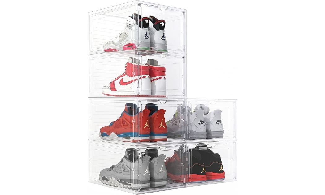 PINKPUM Magnetic Shoe Storage, 6 Pack Shoe Boxes Clear Plastic Stackable, Shoe Organizer for Sneakers, Shoe Storage Boxes, Sneaker Storage, Fit for Size 12 (White)