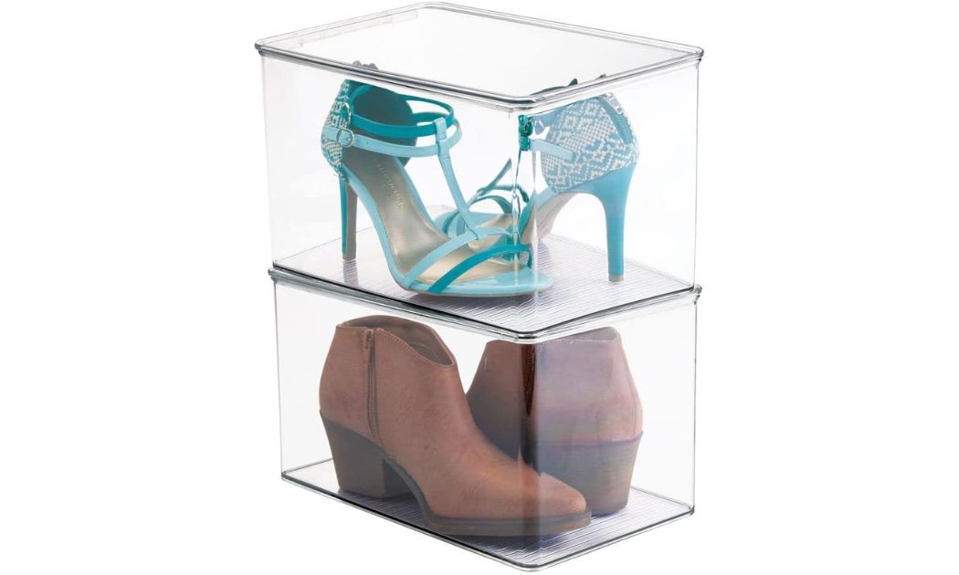 mDesign Stackable Plastic Closet Storage Container Bin Box with Hinge Lid for Organizing Shoes, Booties, Pumps, Sandals, Wedges, Flats, Heels - Lumiere Collection - Clear