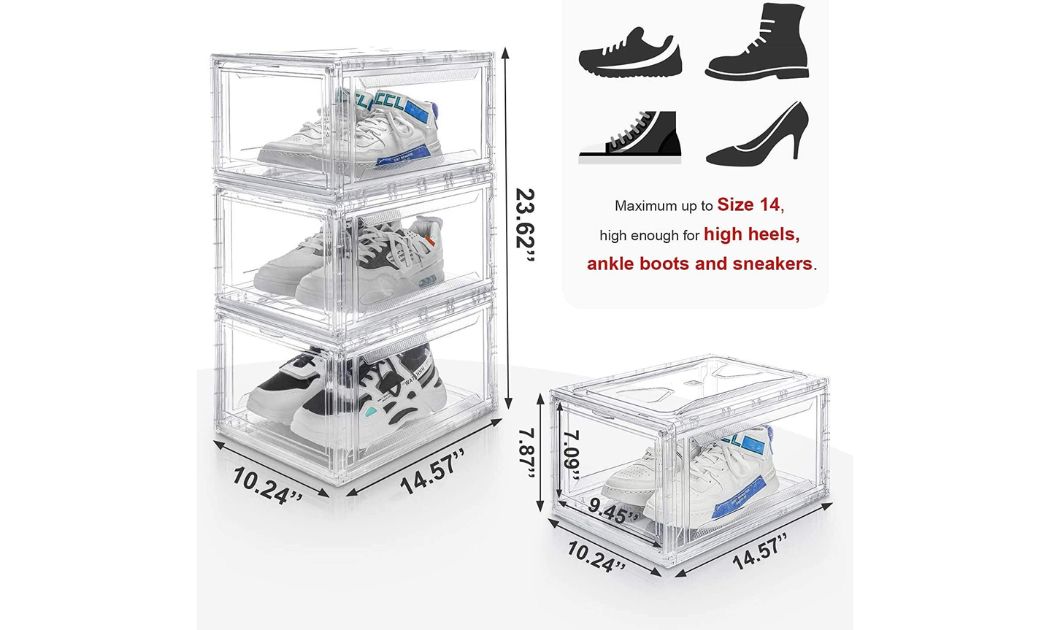 SOS BOX HD 10PK Ultra Clear Stackable Shoe Box Organizer Bin Holder Container Easy Access Magnetic Drop Front Sneaker Storage - For Sneakerheads - UP TO MEN'S SIZE 14 Transparent LARGE - UP TO MEN'S SIZE 14 (7.9 inches x10.2 inches x15 inches) HxWxL